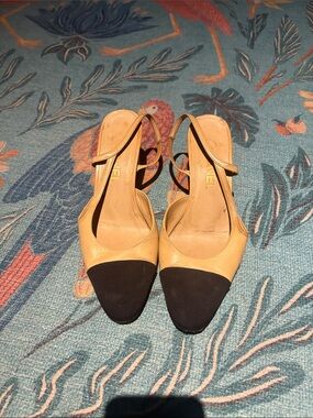 CHANEL Two-Tone Slingback Mules in Tan and Black